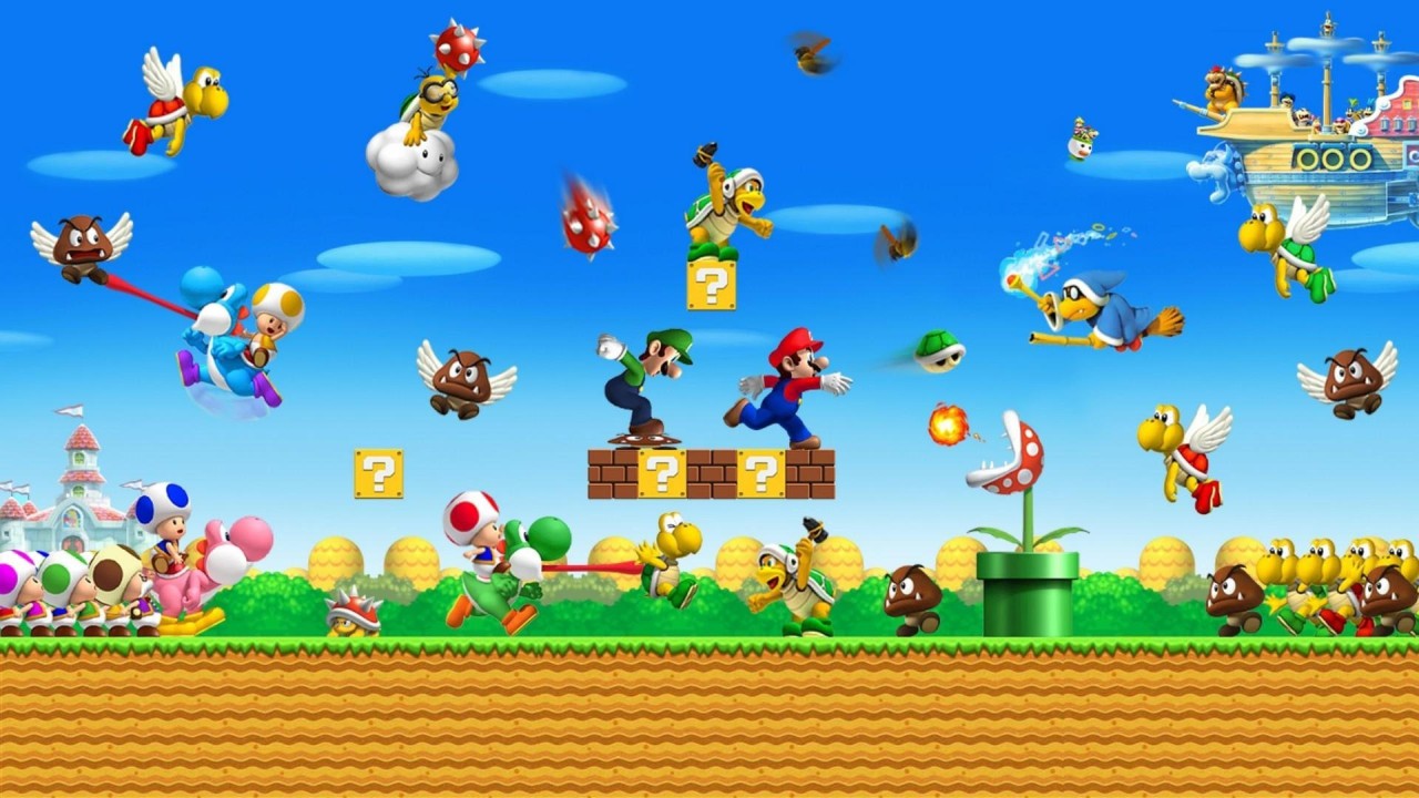 Tela de Super Mario cheia de inimigos e obstáculos simultâneos
