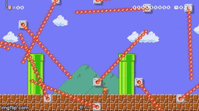 Fase de Mario tomada por dezenas de barras de fogo giratórias, praticamente intransponível
