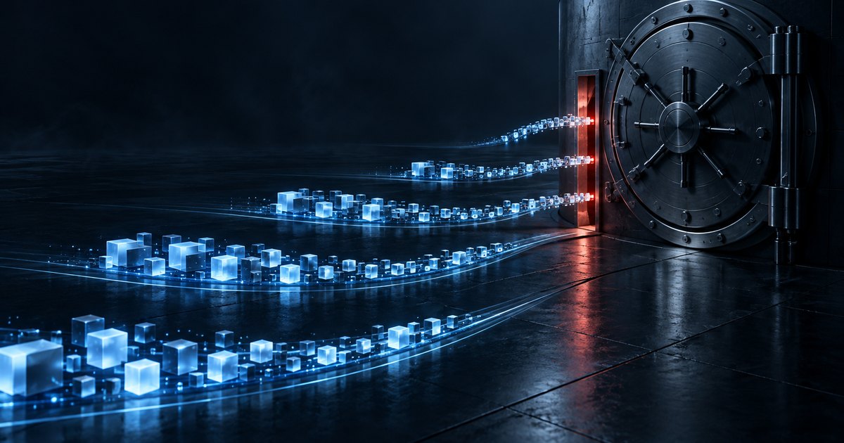 Quatro fileiras de cubos de dados azuis e luminosos seguindo em fila até a fenda de entrada de um cofre de aço, iluminada em vermelho