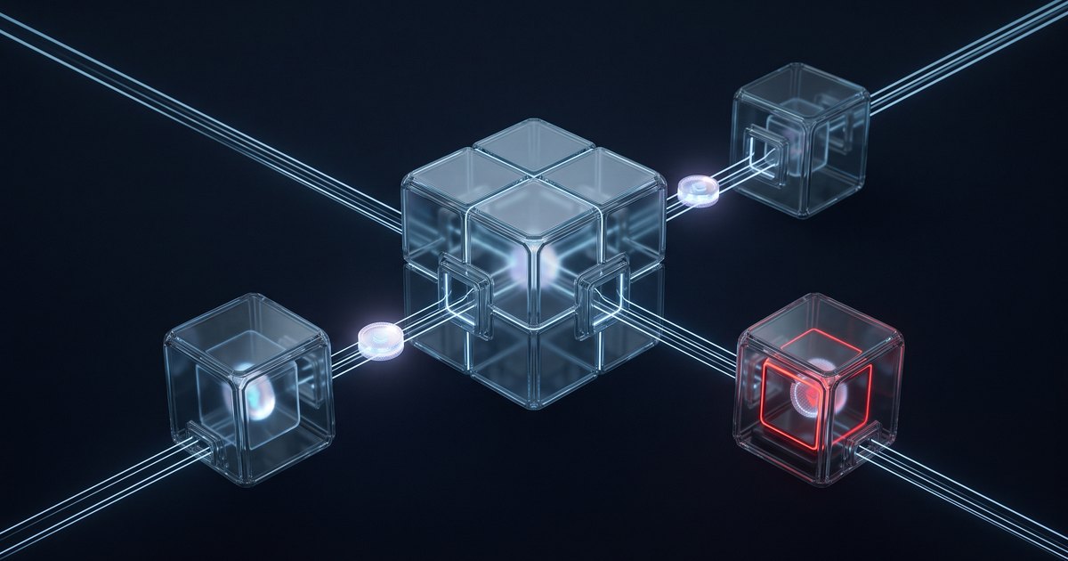Um cubo de vidro central ligado por linhas de luz azul a três cubos menores, um deles com a borda acesa em vermelho, sobre fundo navy