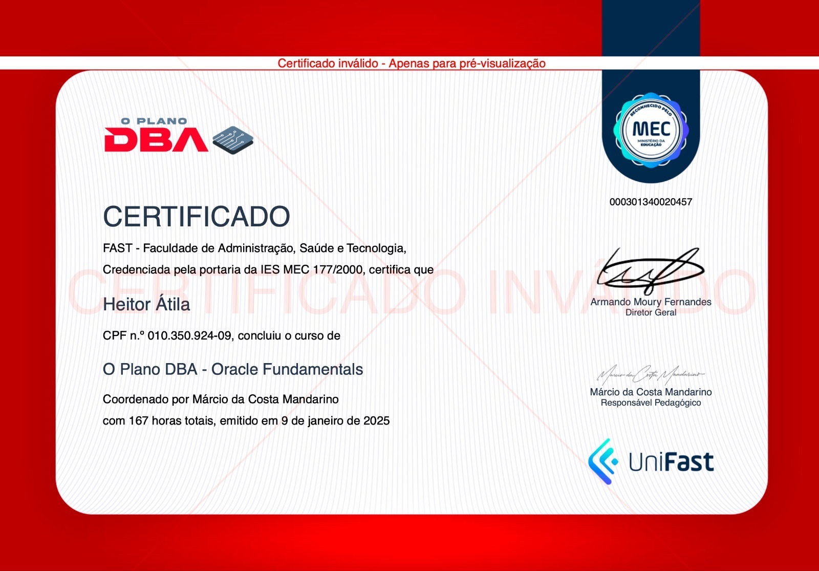 Certificado O Plano DBA — reconhecido pelo MEC (Faculdade Unifast)